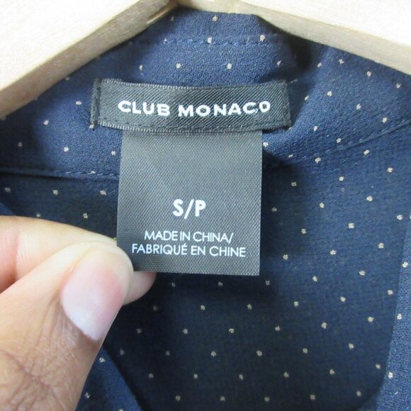 Club Monaco Silk Polkadot Button Front Blouse Women S Navy Pockets Sheer 94 - Picture 3 of 9
